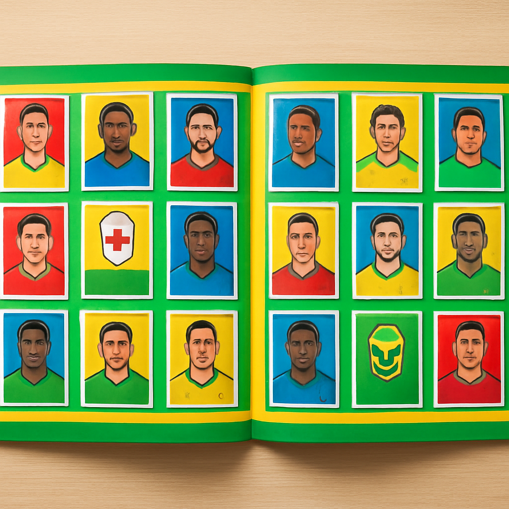 Prévia do kit de figurinhas da Copa em PDF aberto sobre uma mesa